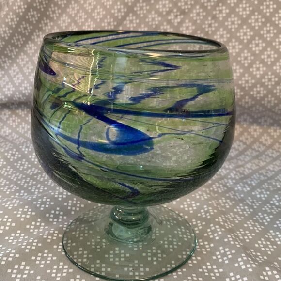 Set of 2 Mexican Handblown Glasses Blue Green Brandy Snifter Margarita - Picture 3 of 3